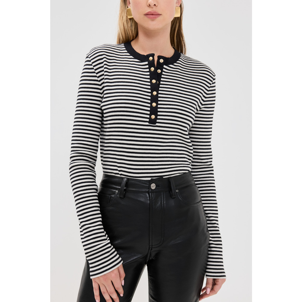 Anine Bing Black and White Striped Long Sleeve Henley Tee